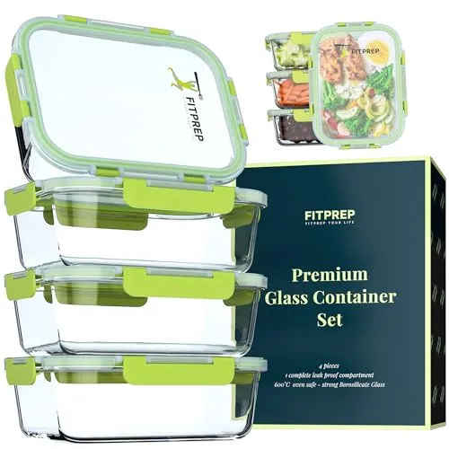 FITPREP® Glasbehälter mit Deckel 8-teiliges Set - Vorratsdosen-Set aus robustem Borosilikatglas, temperaturbeständig von -40 bis +600 °C, ideal für Meal Prep und umweltfreundliches Lagern.