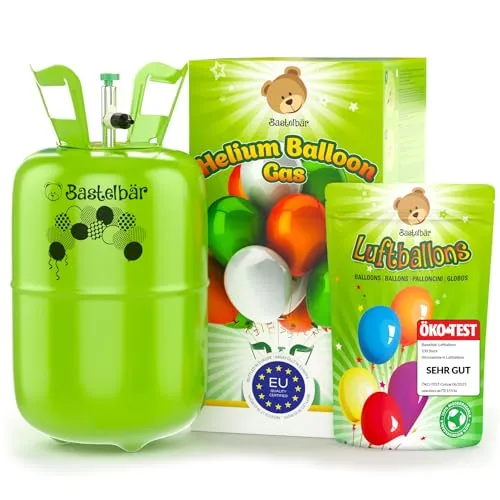 Helium Gasflasche + 100 Luftballons ÖKO-TEST "SEHR GUT" • garantierte 420l Ballongas ✓ für ca. 50 Ballons ✓ MADE IN EU ✓ Helium Balloon Gas • praktisches Füllsystem für Party, Hochzeit, Geburtstag