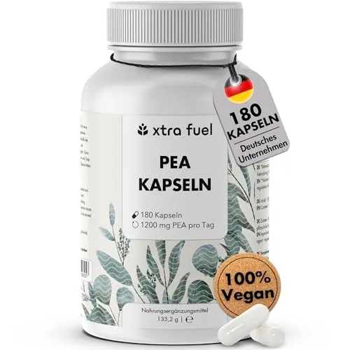 XTRA FUEL PEA Kapseln - 1200mg pro Tag, 133.2g - Nahrungsergänzungsmittel in Kapsel-Form, ideal zur Unterstützung der täglichen Ernährung. Praktische Verpackung mit 133.2 g für eine einfache Dosierung.