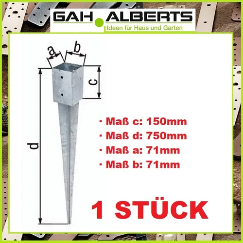 GAH Stahl Einschlagbodenhülse 71 x 71 x 150 x 750 mm für Vierkantholzpfosten