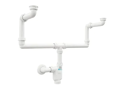 Aqua Bagno Siphon Raumsparsiphon für Doppelwaschbecken - Siphon für Doppelwaschbecken, 11-tlg. Set mit Reinigungsöffnung – die flexible und platzsparende Lösung für Ihr Bad.
