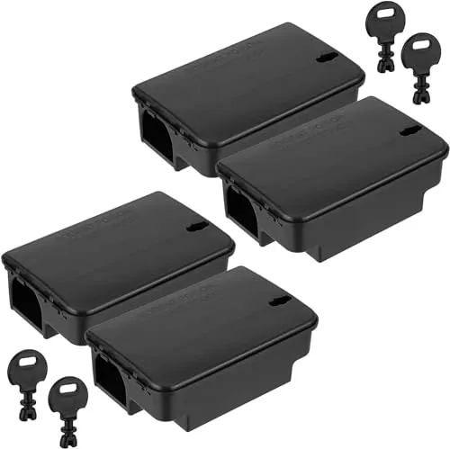 Köder-Discount Rattenköderbox mit Warnaufklebern (4er-Set) - Nagetierbekämpfung: Robuste Köderstation für Innen und Außen mit zwei Eingängen und Ködersicherungsstab für effektive Rattenbekämpfung.