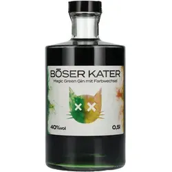 BÖSER KATER Magic Green Gin 40% Vol. 0,5l - Likör & Kräuterschnaps mit faszinierendem Farberlebnis – wechselt von Grün zu Gelb-Orange beim Mischen mit Tonic. Ein Teil des Erlöses geht an den Katzenschutz.