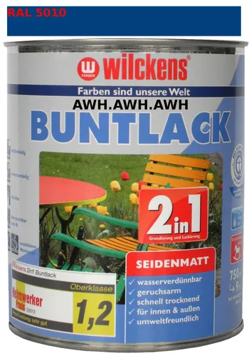 Wilckens Lackfarbe 2 in 1, Buntlack, enzianblau RAL 5010, 0,75l - Hochdeckende Lackfarbe für Innen und Außen, ideal für Holz, Metall und Kunststoff. Licht- und wetterbeständig, schnelltrocknend und speichel- sowie schweißecht – perfekt für Kindermöbel und Spielzeug.