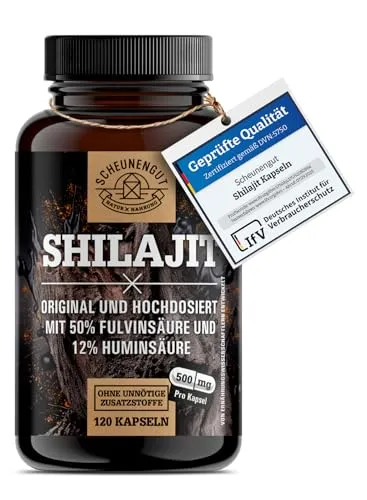 Scheunengut® Shilajit - Original mit 50% Fulvinsäure - Shilajit Kapseln, hoch bioverfügbar mit 500mg pro Kapsel. Unterstützt Energie, Fokus und Zellschutz – 100% natürlich und laborgeprüft.