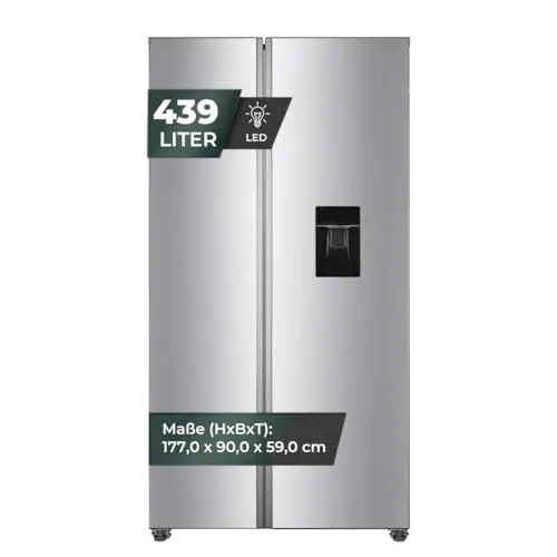 YUNA Side-by-Side Serebro Grande SBS-E - Kühlschrank mit Holiday Modus und Schnellgefrieren, 439 Liter Nutzinhalt, energieeffizient A, ideal für große Haushalte.