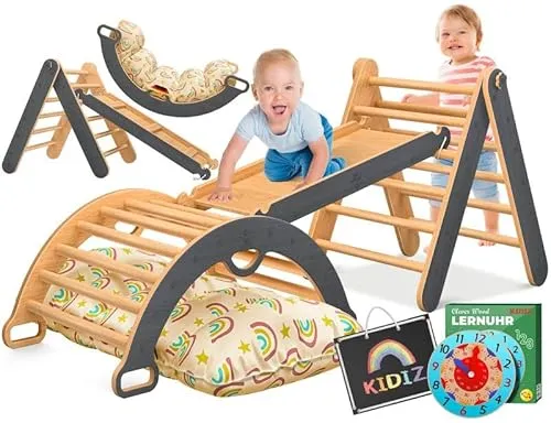 KIDIZ Klettergerüst 7in1 Spiel-Set aus Holz - Klettergerüst für Kleinkinder ab 1 Jahr – Fördert motorische Fähigkeiten und Kreativität mit Lernuhr und Tafel, sicher und platzsparend klappbar.