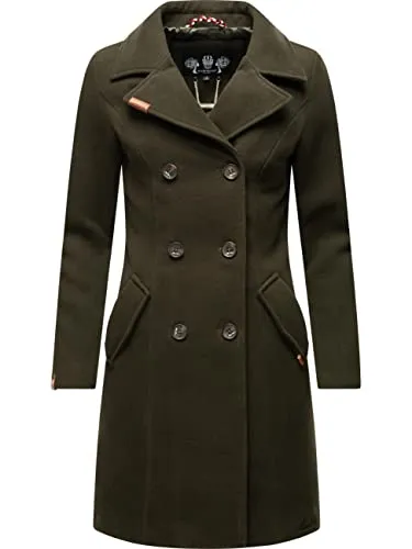 Wollmantel MARIKOO "Nanakoo" Damen Trenchcoat, 4XL (48), dunkelgrün - Funktionsjacken, eleganter Trenchcoat in Woll-Optik mit taillierter Passform und weichem Obermaterial für hohen Tragekomfort. Ideal für stilvolle Looks in Herbst und Winter.