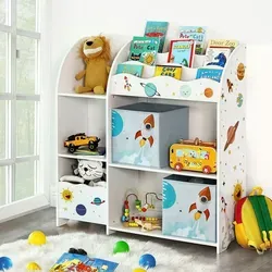 SONGMICS Bücherregal Spielzeugregal für Kinder - Multifunktionales Kinderzimmerregal aus buntem Pressspan, mit 2 Stoffschubladen und Kippschutz für höchste Sicherheit – ideal für das Aufbewahren von Büchern und Spielzeug.