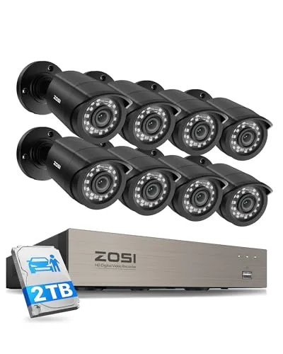 ZOSI 1080P Full HD Überwachungskamera Set mit 2TB HDD - Kabelgebundenes 8CH DVR Set mit 8 wetterfesten 2MP Kameras, bietet hervorragende Nachtsicht und Bewegungserkennung. Ideal für sichere Überwachung von Zuhause oder Geschäft.
