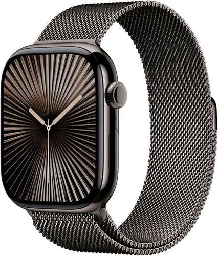 Apple Watch Series 10 46mm Cellular - Titan-Gehäuse in Schiefer - Smartwatch mit 64 GB Speicher, ideal für Fitness und Kommunikation, ausgestattet mit robustem Titan-Gehäuse und elegantem Edelstahlarmband.