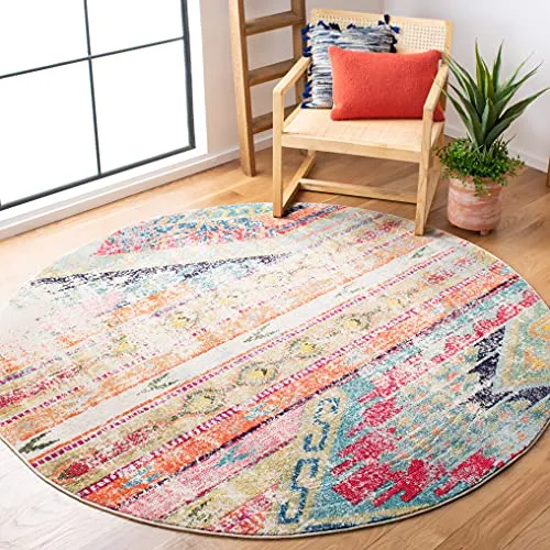 SAFAVIEH Boho Teppich für Wohnzimmer, Esszimmer, Schlafzimmer - Monaco Collection, Kurzer Flor, Multi, 160 x 160 cm