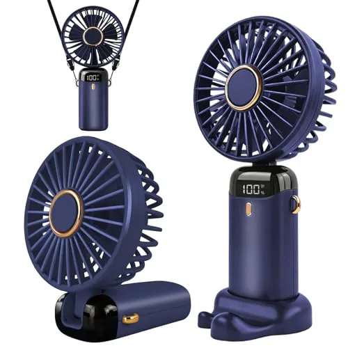 Jsdoin Handventilator, Tragbarer Mini Ventilator, Wiederaufladbar, Kleiner Taschenventilator Mit 5 Geschwindigkeitsstufen, Faltbarer USB-Ventilator für Büro, Outdoor (Dunkelblau)
