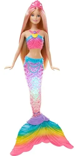 Barbie Meerjungfrau, Barbie Dreamtopia, Barbie Puppe in Regenbogen Farben mit Lichtershow, Spielzeug Badewanne, Spielzeug ab 3 Jahren, DHC40