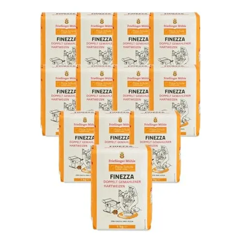 Bielmeier Frießinger Mühle Pizzamehl Finezza 12×1 kg – Für extra knusprige Pizza & Pasta - Doppelt gemahlener Hartweizengrieß sorgt für einen goldbraunen, knusprigen Rand und intensiven Biss. Ideal für Pizzateig, Pasta und kreative Backideen. XXL-Vorratspack für Gastronomie und Vielbäcker.