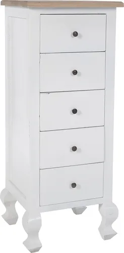 CLP Kommode Kora I Shabby Chic Anrichte aus Holz - Kommode Kora: Elegante weiße Holzkommode im Shabby Chic Design mit fünf geräumigen Schubladen für optimalen Stauraum im Flur oder Wohnzimmer.