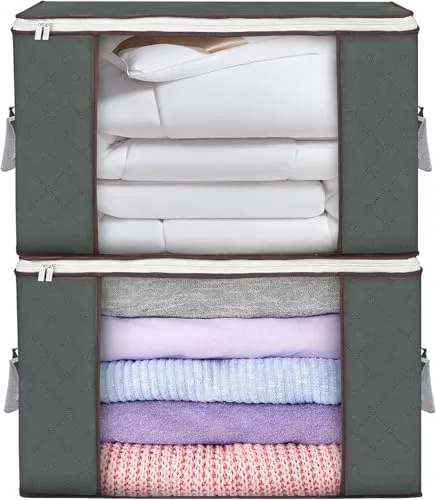 Budding Joy 2 Stück 90 L Storage Bags, Storage Boxes with Lid, Large, Moving Boxes, Foldable Underbed Storage Box for Clothes, Duvets and Bedding, Clothes Storage Boxes (Grau)