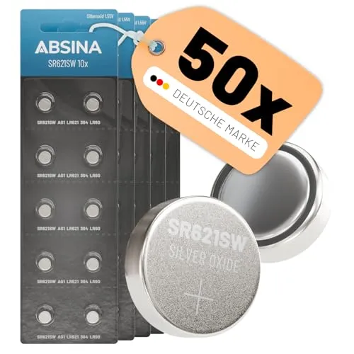 ABSINA SR621SW Uhrenbatterie 1,55V Silberoxid 50er Pack - Knopfzelle SR621SW auslaufsicher & Lange Haltbarkeit - Batterie SR 621 SW / LR621 / SR621 / 364 / V364 / AG1 - Uhren Knopfzelle