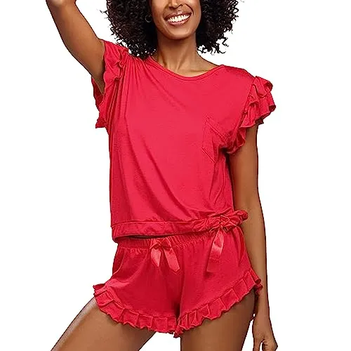 DKaren Damen Schlafanzug Set Lulu XL - Zweiteiler Damen Pyjama - Loungewear mit Kurzen Ärmeln und Shorts - Nachtwäsche Damen mit Tasche und Rüschen - Pjama Set Kurz Rot