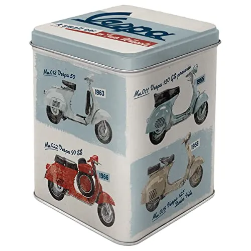 Nostalgic-Art Retro Teedose, 100 g, Vespa – Model Chart – Geschenk-Idee für Roller-Fans, Original Lizenzprodukt (OLP), Aufbewahrung für losen Tee und Teebeutel, Vintage Design