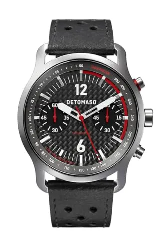 DeTomaso SORPASSO Chronograph Carbon Silver Silber Herren Armbanduhr Analog Quarz Leder Armband Schwarz