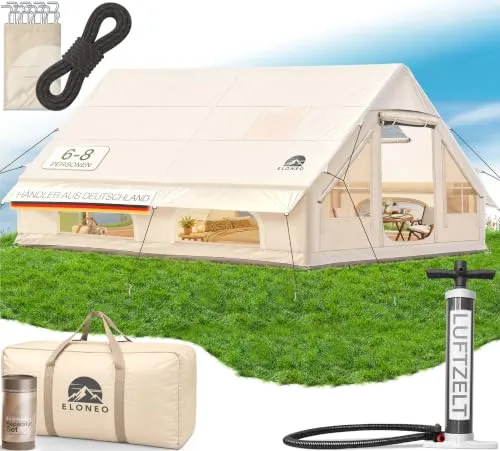 ELONEO aufblasbares Zelt für 2/4/6/8 Personen mit Dachfenster & Luftpumpe, Premium Glamping Zelt wasserdicht, Luftzelt, Inflatable Tent, Camping Zelt, Creme