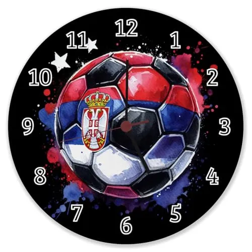 speecheese Fußball Serbien Flagge Wanduhr aus Alu Perfekte Deko für Fußballfans EM 2024 Serbien Wanduhr aus Alu Nationalflagge in Rot und Blau Sportliche Ball-Design