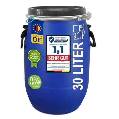 plasteo® 30 Liter Deckelfass - Regentonne aus lebensmittelechtem Kunststoff, ideal für Lebensmittel und Tierfutter. Luftdicht verschließbar, frostsicher und stapelbar für vielseitige Nutzung.
