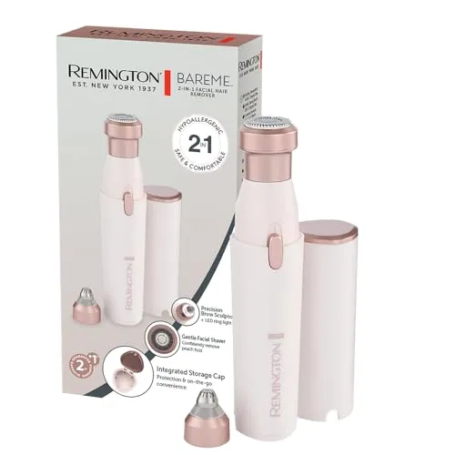 Remington BareMe 2-in-1 Gesichtshaarentferner - Gesichtshaartrimmer und Augenbrauentrimmer in einem, wasserfest und mit LED-Licht für präzise Ergebnisse. Ideal für die sanfte Haarentfernung und das Formen von Augenbrauen, perfekt für unterwegs.