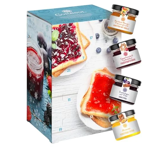 Corasol Premium Frühstück-Adventskalender mit Marmeladen & Konfitüren - Adventskalender mit 24 verschiedenen Konfitüren und Fruchtaufstrichen, handgerührt nach alter Tradition – für fruchtige Genussmomente in der Vorweihnachtszeit.