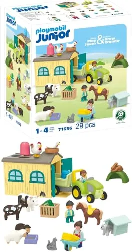 PLAYMOBIL JUNIOR Bauernhof-Abenteuer 71656 - 29-teiliges nachhaltiges Spielzeug für Kinder ab 1 Jahr, fördert Motorik und Fantasie mit Traktor und Tieren