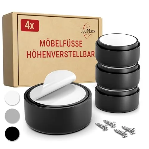 LouMaxx höhenverstellbare Möbelfüße – 4er Set Gleitfüße in Schwarz - Möbelfüße aus hochwertigem Kunststoff, leicht zu montieren durch Kleben oder Schrauben – ideal zur individuellen Anpassung der Möbelhöhe.