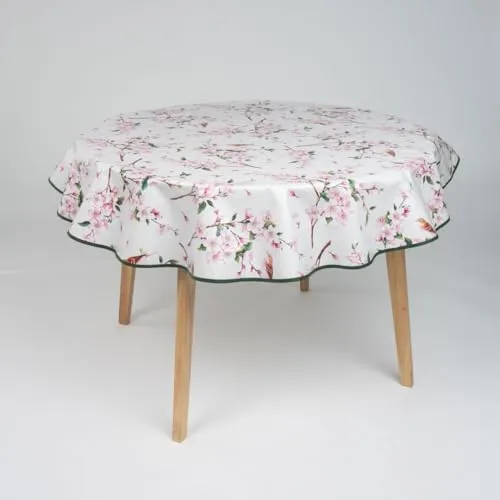 laro 140cm runde Wachstuch Tischdecke abwaschbar Wachstuchtischdecke mit Saum-Eingefasst-Paspelband, Muster:Kirschblüten Rosa Weiß, Größe: Rund 140cm