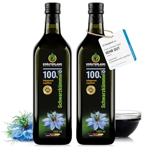 Kräuterland Schwarzkümmelöl 2X1L (2Liter), kaltgepresst & ungefiltert, 100% Nigella Sativa, naturrein ohne Zusatzstoffe, Omega 3-6-9, vegan, mühlenfrisch aus unsrer hessischen Ölmühle