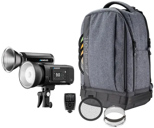WESTCOTT Studioblitz FJ Rucksackkit (FJ400 + FJ200) - Praktisches Rucksackkit mit FJ400 und FJ200 Studioblitzen, ideal für professionelle Fotografen, die unterwegs perfekte Beleuchtung benötigen.