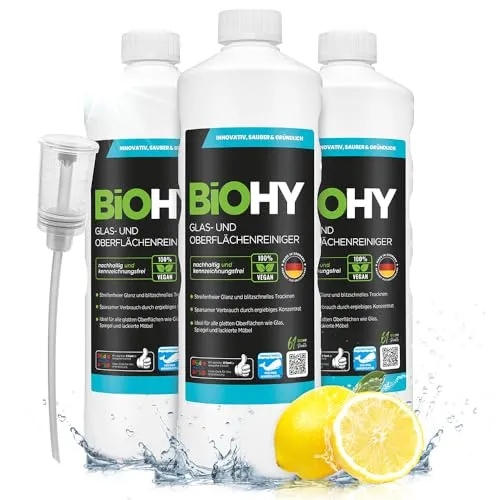 BiOHY Glas- und Oberflächenreiniger (3 x 1 Liter) + Dosierer | Glasreiniger Konzentrat für streifenfreien Glanz | ergiebiger Glas & Kunststoffreiniger | Fettlöser & Kalkreiniger