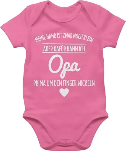 Baby Body Junge Mädchen - Sprüche - Opa um den Finger wickeln - 6/12 Monate - Pink - babykleidung babymode witzig spruch opas bodys liebling kleidung strampler mit lustigen sprüchen spruche