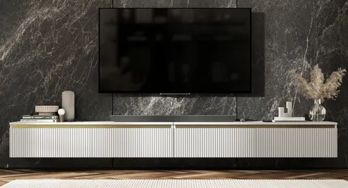 Meble Lindner TV-Lowboard Selene, Weiß, 280x30x35 cm, Modernes Design mit 4 Fächern - Modernes TV-Lowboard Selene in elegantem Weiß. Mit vier geräumigen Fächern und einem innovativen „Push-to-Open“-System für einfachen Zugang. Ideal für stilvolle Wohnräume und hohe Funktionalität.