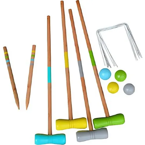 Happy People Holz-Krocket-Set - ab 3 Jahren - Outdoor-Spielzeug für Kinder ab 3 Jahren, fördert Motorik und Konzentration mit 4 Schlägern, 4 bunten Kugeln und 10 Toren.