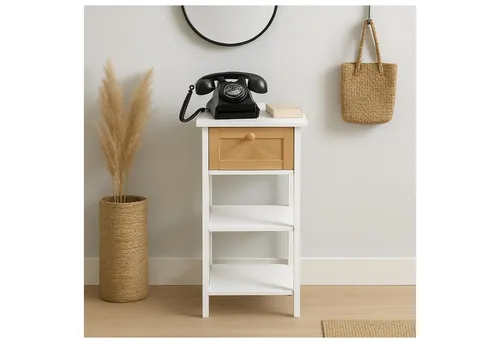 HTI-Living Telefontisch Weiß mit Holzoptik und Schublade - Praktischer Beistelltisch in modernem Design. Ideal als Nachttisch, Telefontisch oder Ablagetisch. Mit Schublade und zwei Ablagefächern für zusätzlichen Stauraum und stilvolle Akzente in jedem Raum.