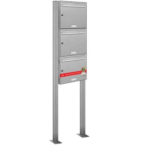 AL Briefkastensysteme 3 Fächer Premium Edelstahl - Moderne Standbriefkastenanlage mit robustem Doppelwandsystem, wetterfest und abschließbar. Ideal für privaten und gewerblichen Bereich, inklusive 2 Schlüsseln pro Schloss.