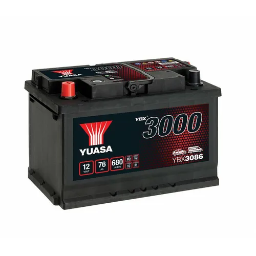 YUASA YBX3000 Starterbatterie 12V 76Ah 680A - Autobatterien mit 20% verbesserter Startfähigkeit und integrierter Ladezustandsanzeige, ideal für viele Fahrzeugmarken wie Hyundai, Kia und Toyota.