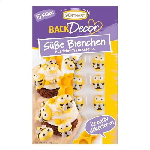 Günthart BackDecor 15 süße Bienchen Zuckerfiguren - Dekoration für Backwaren, 15 essbare Zuckerbienen aus feinem Zuckerguß, perfekt zum Verzieren von Kuchen, Cupcakes und Desserts, ideal für Frühlingsfeste und Kindergeburtstage.