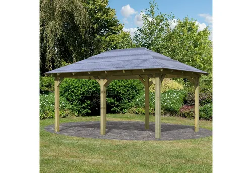 Karibu Pavillon Mailand 345x485 cm beige - Stilvoller Gartenpavillon - Gartenlauben mit 10 Jahren Herstellergarantie, kesseldruckimprägniertem Holz und großzügiger Grundfläche von 12,4 m² für entspannte Stunden im Freien.
