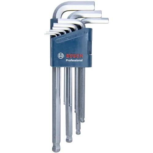 Bosch Professional Winkelschlüssel Set Hex 9tlg. (1.5 - 10.0mm) - Vielseitiges 9-teiliges Winkelschlüssel Set aus robustem S2 gehärtetem Stahl für optimales Drehmoment. Komfortable Längen für zusätzliche Hebelwirkung und einfache Handhabung. Ideal für verschiedene Schraubarbeiten.