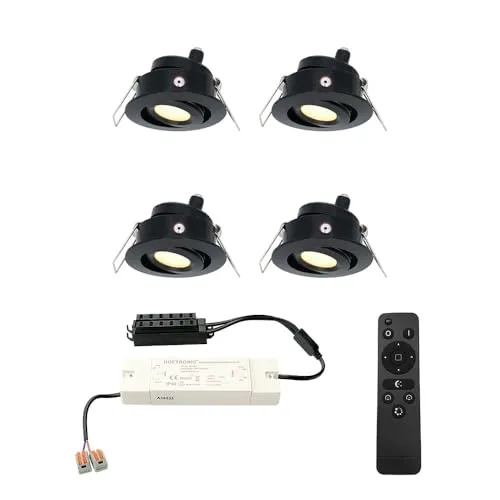 HOFTRONIC - Einbaustrahler Schwarz Feuchtraum Badezimmer 12V Terrassenüberdachung IP44 Wasserdicht | 4x3W 200 Lumen 2700K Warmweiß Dimmbar Schwenkbar Flach RF-Fernbedienung 3W Mini LED Einbaustrahler