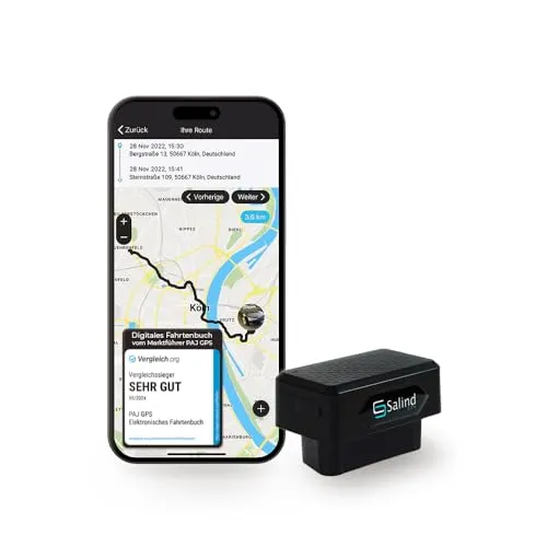 Salind GPS - Elektronisches Fahrtenbuch für Autos & LKWs - Finanzamtkonformes elektronisches Fahrtenbuch mit lückenloser Streckenaufzeichnung. Einfacher OBD2 Stecker, kostenlose App und 24/7 Kundensupport. Zuverlässig und sicher für Ihr Fahrzeug.