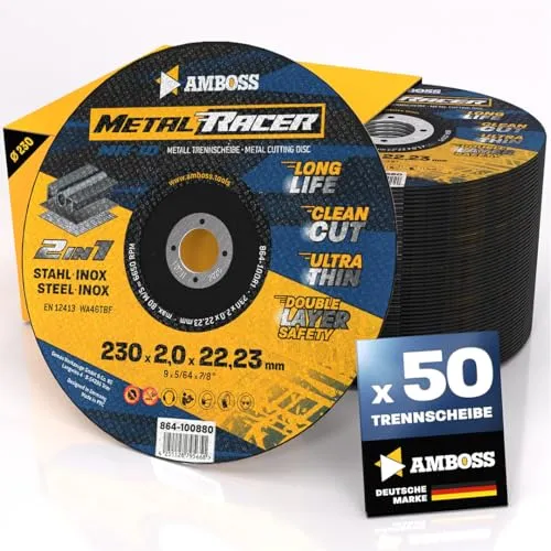 50x Metall-Trennscheibe Ø 230 x 2 x 22.23mm - Metal Racer von AMBOSS WERKZEUGE - Trennscheiben für Stahl & Edelstahl, ultra-dünn für präzise Schnitte und lange Standzeit, ideal für Profis und Heimwerker.
