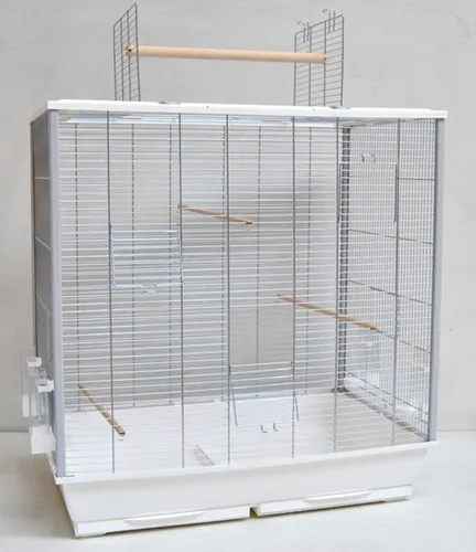 Ollesch Großer Vogelkäfig mit Freisitz für Wellensittiche und Kanarien - XXL Vogelkäfig (78x47,5x81,5cm) mit großem Freisitz, ideal für Bewegungsfreiheit und Spielspaß. Inkl. Sitzstangen, Näpfen und leicht zu reinigender Kotschublade.