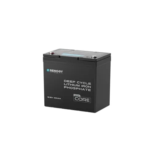 Renogy 12V 100Ah Core Mini LiFePO4 Batterie - Powerstation mit 5000 Zyklen und Kälteschutzfunktion, ideal für Wohnmobile und Off-Grid-Systeme. Kompakt und sicher für enge Räume.